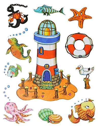 1 Bogen: Fensterbild - Fisch - Maritim - Pirat & Fische - Leuchtturm Seepferdchen - Piratenschiff - Sticker Fenstersticker / z.B. für Fenster und Spiegel - statisch haftend - Aufkleber selbstklebend wiederverwendbar - Fensterfolie Fensterdeko