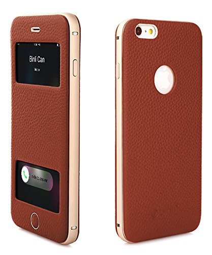 Original Binli ECHT Leder iPhone 6 / 6s Schutzhülle 2 in 1 Bumper mit Sichfenster Hülle Hard Cover Flip Back Case Tasche - von OKCS in Braun