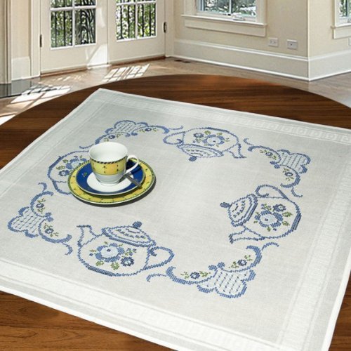 Bezaubernde Stickpackung " ORIENT " mit wundervollen Teekannen - Stickdecke 80 cm x 80 cm - Kreuzstich vorgezeichnet - mit Anchor- Stickgarn aus 100 % Baumwolle- zum Sofort-Loslegen - Mitteldecke 80 x 80 - zum Selbersticken
