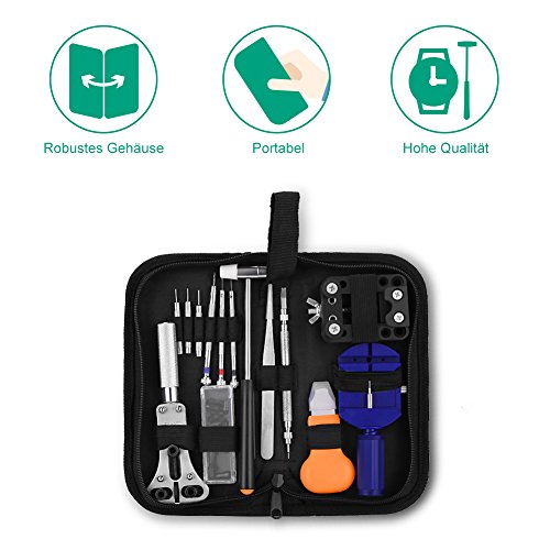 GHB Uhrenwerkzeug 14 pcs Uhrmacherwerkzeug Uhrenöffner Uhr Reparatur Werkzeug Set mit Hammer Tasche - 2