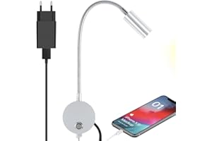 WisHomee Leselampe Wandmontage mit USB-Ladeanschluss, Nachttisch Wandleuchte LED-Wand montiert Kopfteil Lampe, flexible Wandleuchte, gebürstet Nickel fertig, Adapter Included (3W warm weiß)