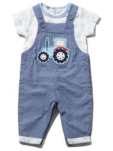 M&Co Baby Boy Blue Chambray Tractor Applique Dungarees and Short Sleeve Print T-Shirt Set Blue 3/6 Mnths