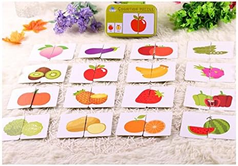 Baby Infant 32pcs Flash Card Jigsaw cognition puzzle Shape Matching Puzzle Cognitive Learning Early Education Card Learning Toys in a Box (Fruits &amp; vegetables)
