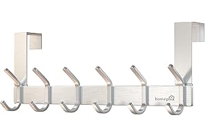 Homephix Over Door Hooks, Heavy Duty Stainless Steel Over Door Hanger, Rust Resistant Over Door Coat Hooks for Coats, Jackets, Purses, Bags, Robes, Clothes, Towels, Brush Finished - 6 Hooks (Silver)