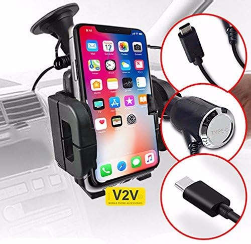 OnePlus 5T (6") - Universal Windscreen Swivel Big Mount Suction Phone Car Holder With 2000 mah Type C Car Charger Coilled Fast Charge Black by V2V international