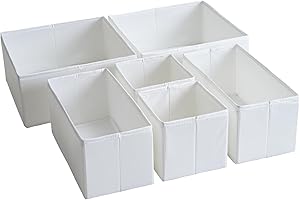 TYEERS Drawer Organisers, Durable Fabric, Washable, with Base Support Boards, Small Storage Boxes for Bathroom, Wardrobe, Chest of Drawers, Set of 6, White