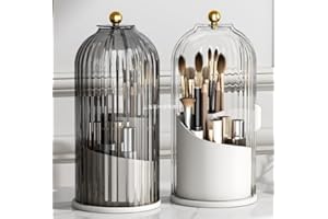 Vellichor Europe 360° Spinning Rotating Makeup Brush Holder with Dustproof Lid - Organize and Accessorize Your Vanity with Efficiency and Elegance (White) - Storage Organizer