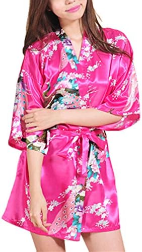 Waymoda Women Luxury Silky Satin Evening Dressing Gown, Ladies Peacock and Blossoms Pattern Kimono Pajamas, 10+ Color, 4 Sizes Optional - Short style