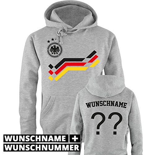 EM 2016 – RETRO-TRIKOT – WUNSCHDRUCK – Herren Hoodie – Grau / Schwarz-Rot-Gelb Gr. S