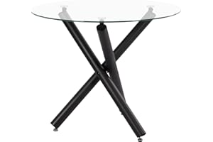 JEFFORDOUTLET Round Dining Table, 90 cm Glass Safe Table Top with Black Stylish Stable Table Legs