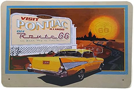 1957 Chevrolet Visit Pontiac Illinois on Route 66, Metal Tin Sign, Dumb Oil Scrub Art Vintage Style Wall Ornament Coffee Decor, 20 X 30 Cm