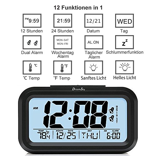 DreamSky Digitalwecker „Dual Alarm“, zwei Weckzeiten, laut, ansteigender Weckton, sensorgesteuerte Nachtlichtfunktion, Schlummerfuntion, Uhrzeit, Datum und Temperaturanzeige, vier Alarmmodi, großes LCD Display, Batteriebetrieb, Schwarz - 3