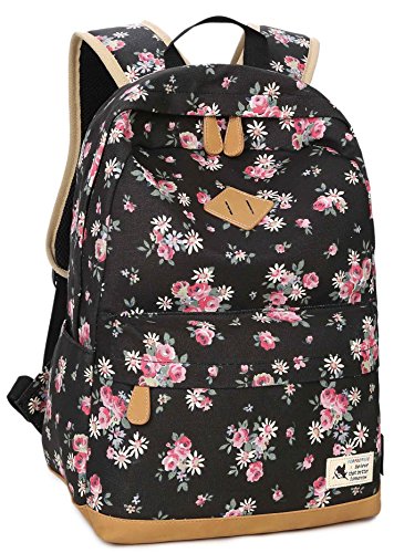 5 ALL Set Sac à Dos College Fille Vintage Trousse Scolaire Sac à Crayon Portefeuille Sac d'École Étanche Cartable Lycée Motif Rose Romantique (Noir 1)