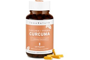 ‎INNONATURE Hochdosierte Curcuma/Kurkuma + Piperin Kapseln mit 1100mg reinem Curcuminoide Gehalt. 120 Kapseln im Monatsvorrat. Laborgeprüft, hohe Verwertbarkeit, vegan + hergestellt in DE.