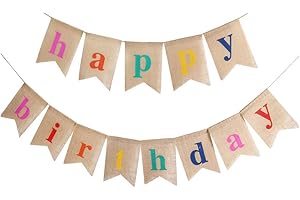 WTIMESIE kuou Happy Birthday Bunting Banner, 11.5 Feet Burlap Banner with 13 Pieces Swallowtail Flag Jute Vintage Fabric Cloth Flags Shabby Chic Decoration for Birthday Parties