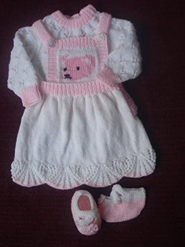 Hand Knitted Pink and White Dress with Teddy Face on Bib Front, White and Pink Jumper and Little Strappy Shoes, 3-9 Months