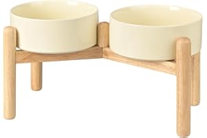 SPUNKYJUNKY Hundenapf Keramik Fressnapf Erhöhter Futternapf Wassernapf mit Bambus Ständer für mittelgroße und große Hunde (1800ml, Beige)