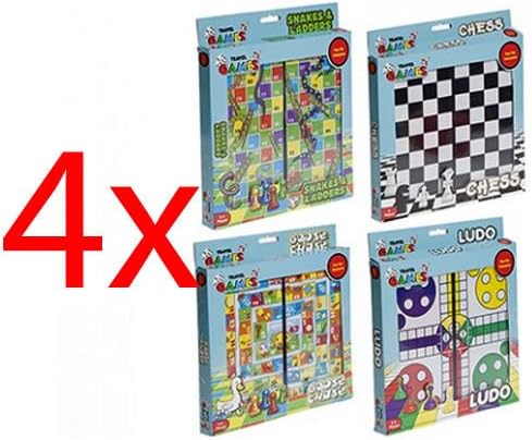 4 x Travel Board Games Ludo Snakes Ladders Chess Goose Chase Kids Family Fun.