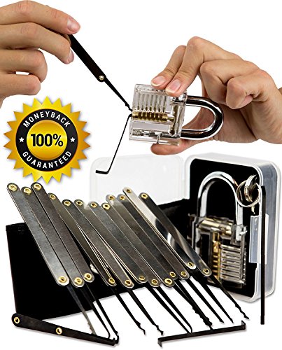 Preisvergleich Produktbild Geepro Lockpicking Lockpick set Professionelles 15-teiliges Pick-Set Schlossknacken Schlüssel Extractor Werkzeug mit Transparente Übungs-Vorhängeschlösser für Schlosserei, Schlüsseldienst, Geocacher, Polizei oder Hobby