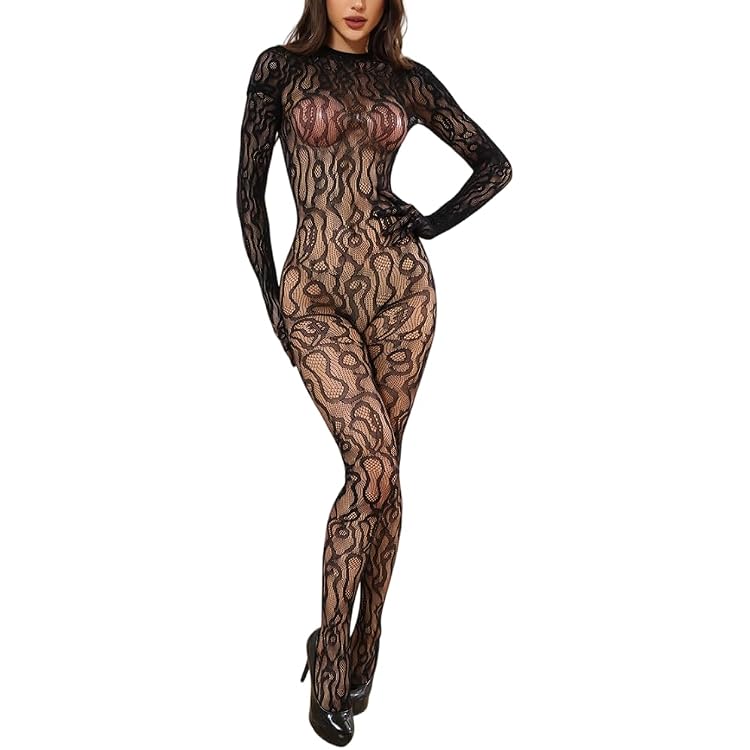 Body Résille Léopard Femme - Combinaison Dentelle Transparente, Manches Longues, Taille XS-XL - 10