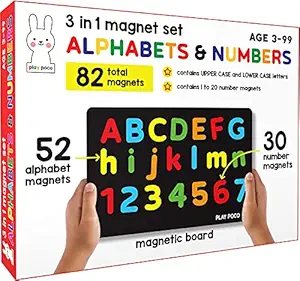 PLAY POCO 3 in 1 Magnet Set - Alphabets and Numbers with 26 Capital Letter, 26 Small Letter, 30 Number Magnets and Magnetic Board - Child Safe Foam Magnets - Ideal for 3 4 5 Year Old Boys and Girls