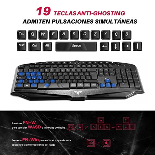 TOPELEK Teclado Gaming de Membrana con Cable  7 Color Retroiluminado y Teclas Desmontables  Anti-Ghosting y 14 Teclas Multimedia con bot  n Win y Bot  n Giratorio para Juegos  Trabajo Espa  ol 
