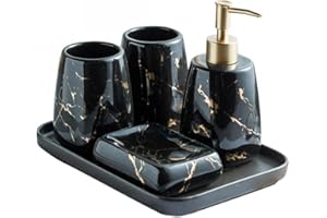 YYW Keramik-Badezimmer-Sets, 3/4/5-teilig, modernes Luxus-Badezimmer-Zubehör-Set, Marmor-Muster, Keramik-Badezimmer-Sets, Zubehör für Zuhause, Wohnung, Schlafsaal (schwarz, 5-teiliges Set)