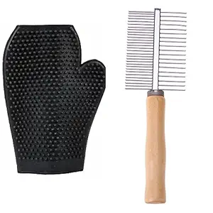 Pet Needs Wooden Handle Steel Needles Rake Comb Hairbrush with Free Bathing Gloves for Dogs Cat