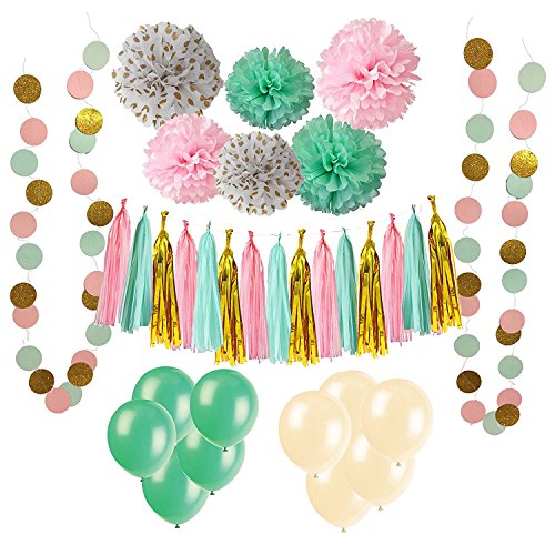 Wartoon 6 Seidenpapier Pompons Blumen und 12 Quasten Girlande, 2 Polka Dot Papier Girlande, 10 Luftballons Latexballons für Geburtstag, Hochzeit, Baby Dusche, Parteien, Partei Dekoration