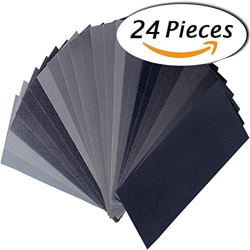 YiCoo 24 Pcs Wet Dry Sandpapers 120 to 3000 Grit Assortment, 9 * 3.6 Inches Abrasive Paper Sheets for Automotive Sanding, Wood Furniture Finishing and Wood Turning Finishing.