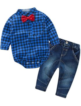 Heheja Baby Jungen Langarm Gentleman Kariert Hemd + Mode Jeans Hosen 2pcs Outfits Set Bekleidungssets