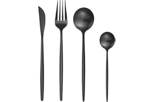 Bestdin Juego de cubertería para 6 personas, 24 piezas, acero inoxidable, color negro mate, juego de cubertería con cuchillo, tenedor, cuchara, acero inoxidable, apto para lavavajillas.