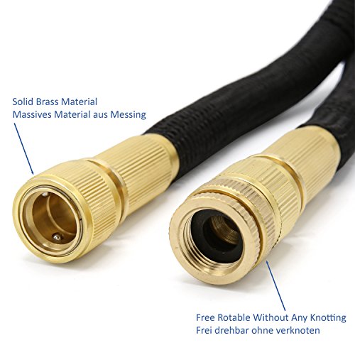 TRESKO® Flexibler Gartenschlauch, Wasserschlauch flexibel mit 3-fach Latexkern, dehnbarer Bewässerungsschlauch, flexiSchlauch mit hochwertiger 10-fach Multifunktions-Brause aus Metall + Druckregler, inkl. Adapter für 3/4“ und 1“ Wasserhahn-Anschluß, alle Verschraubungen aus hochwertigem Messing, inkl. Metall-Aufroller und Tragetasche, bis 10 bar (30m) - 5