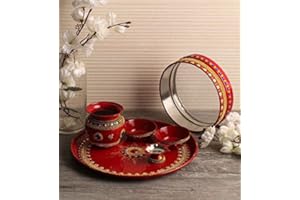Itiha Karwachauth/Karvachauth Indian Traditional decorative pooja thali beautiful ethnic gift/Kankavati/Diwali/indian handicraft/karwachauth channi/Pooja Thali Set Red (12 inches)