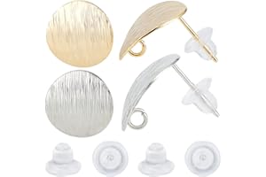 ‎BEEBEECRAFT Beebeecraft 1 Box of 20 Pieces 2 Colours Flat Round Stud Earrings 18 Carat Gold-Plated and Platinum Plated Oval Smooth Stud Earrings with Loop and 20 Pieces Ear Nuts for Making DIY Earrings