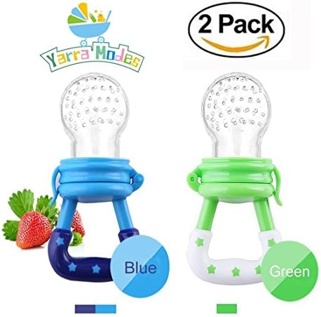 Baby Silicone Teething Toy-Fresh Fruit Food Feeder Soother with Handgrip Baby Food Bag Baby Teether with Nipple Food Infant Feeding Toys with Teat-Pacifier for Boys and Girls-2 PCS (Blue,Green)
