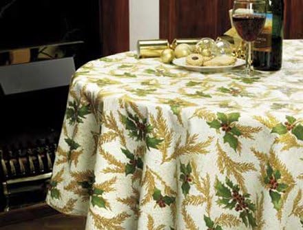 Christmas Holly Table Cover Round 178cm 70" diam. re-usable heavy vinyl
