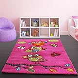 Kids Carpet Cute Owls Modern Children Rug in Pink Fuchsia Green Blue, Size:80x150 cm