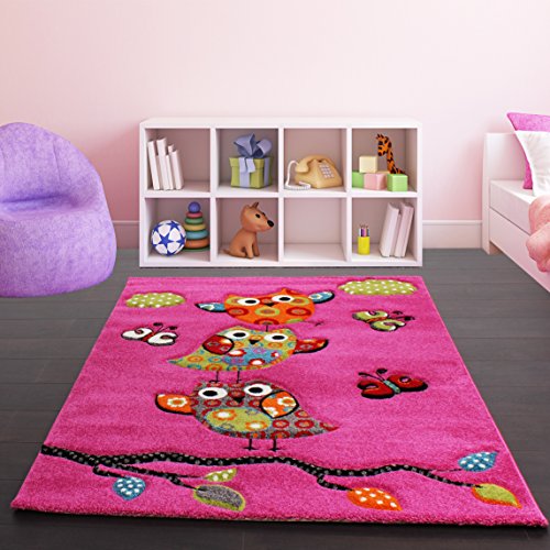 Kids Carpet Cute Owls Modern Children Rug in Pink Fuchsia Green Blue, Size:120x170 cm