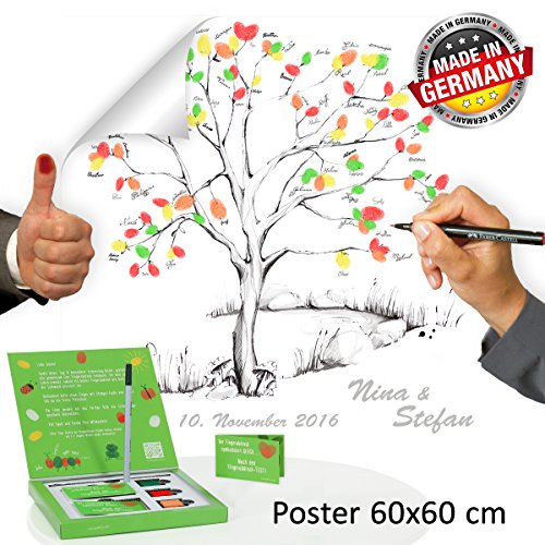 Hochzeitsbaum Fingerabdruck *60x60* mit NAMEN & DATUM - INKL Zubehör-Set GRATIS (Stempelkissen+Stift+Anleitung+...) + PORTOFREI - Wedding Tree Zeichenstil grau - Fingerabdruck Poster - Hochzeitsspiel und Hochzeitsgästebuch in Einem - Hochzeitsbaum Fingerabdruck - Wedding Tree Zeichenstil grau INDIVIDUALISIERT mit Namen & Datum