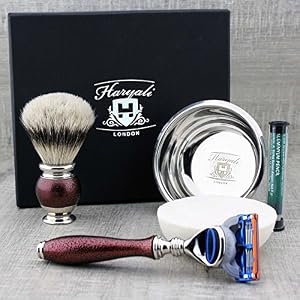 Haryali London 5Pc Mens Shaving Kit Safety Razor, Silver Tip Badger Hair Brush, Soap, Bowl and Alum Set For Men