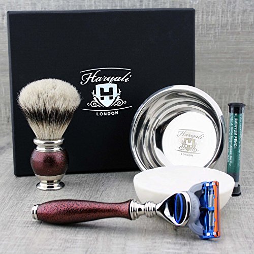 Haryali London 5Pc Mens Shaving Kit Safety Razor, Silver Tip Badger Hair Brush, Soap, Bowl and Alum Set For Men