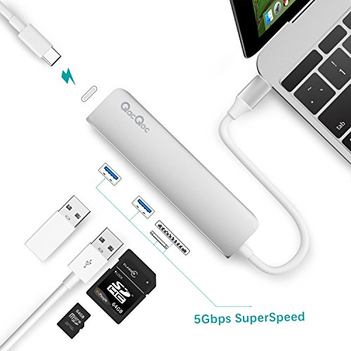 Type C Hub EgoIggo GN22A USB C Adapter USB C Kabel auf 2 Superspeed USB 3.0 Ports, 1 USB C Port mit PD, 1 SD Kartenleser und 1 MicroSD Kartenleser Aluminium Gehäuse geeignet für MacBook, MacBook Pro, Google Chromebook, Huawei Matebook (Silber) - 3