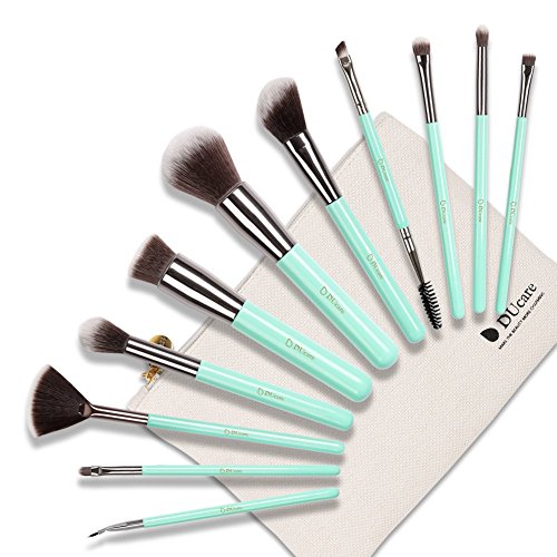 DUcare Mint Green Makeup Brush Gift Set with Roll Cases for Girls (11 Pieces)