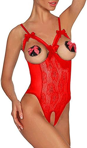GoldDream Lingerie Bodysuit Open Cup Crotchless One Piece Sexy Lingerie Teddy Lace Nightie for Women for Sex (Red, UK S=Tag M)