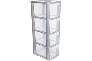 ALEEZ - 4 Drawer Plastic Storage Unit - Space Saving Multipurpose Medium Drawers - Clear Design Home Office Storage Durable Draws - Tabletop, Desktop Drawers - 62cm (H) x 19cm (W) x 25cm