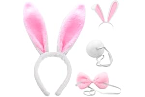 Cerchietto Orecchie Coniglio Set, FUKPO Fascia Capelli Orecchie da Coniglio Peluche, Cerchietti Coniglio Coda Coniglietta Papillon Pasqua, Bambini Adulti Cosplay Accessori Costume(Bianco Rosa)