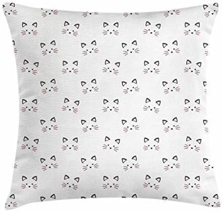 Kitten Throw Pillow Cushion Cover by Ambesonne, Sketching of a Blushing Cat Face Features Cartoon Style Hand Drawn Cat Whiskers, Decorative Square Accent Pillow Case, 24 X 24 Inches, Grey Pale Pink