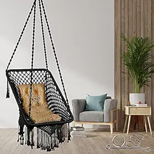 Patiofy Made in India Premium Square Shape Hammock Hanging Cotton Swing Chair with Cushion & Accessories for Indoor and Outdoor/150Kg Capacity/Swing with Large Golden Cushion/for Kids & Adults(Black)