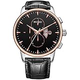 Burei Herren Chronograph Uhr mit Tag Datum schwarzes Zifferblatt rotgoldene Zeiger Echtleder Armband (rotgoldenes schwarzes Lederarmband)